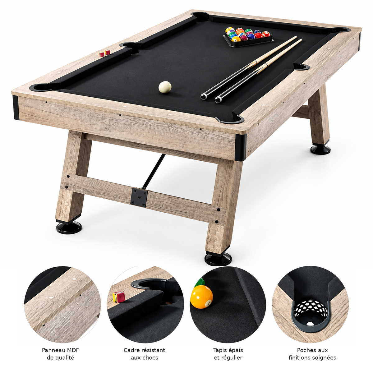VEVOR - Billard Américain 213 cm – Bois Clair & Tapis Noir