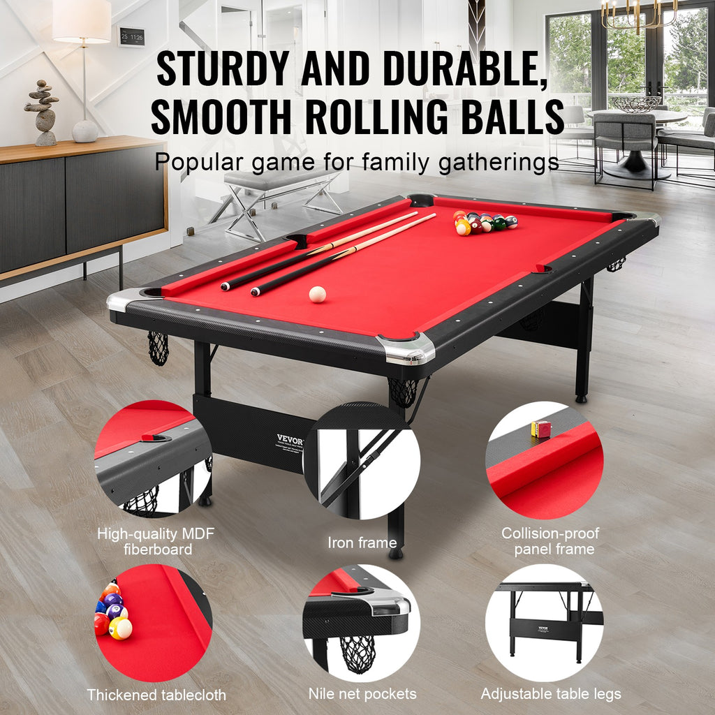 VEVOR Table De Billard 213,4 Cm En Tissu Rouge Pour Salle De Jeux Familiale